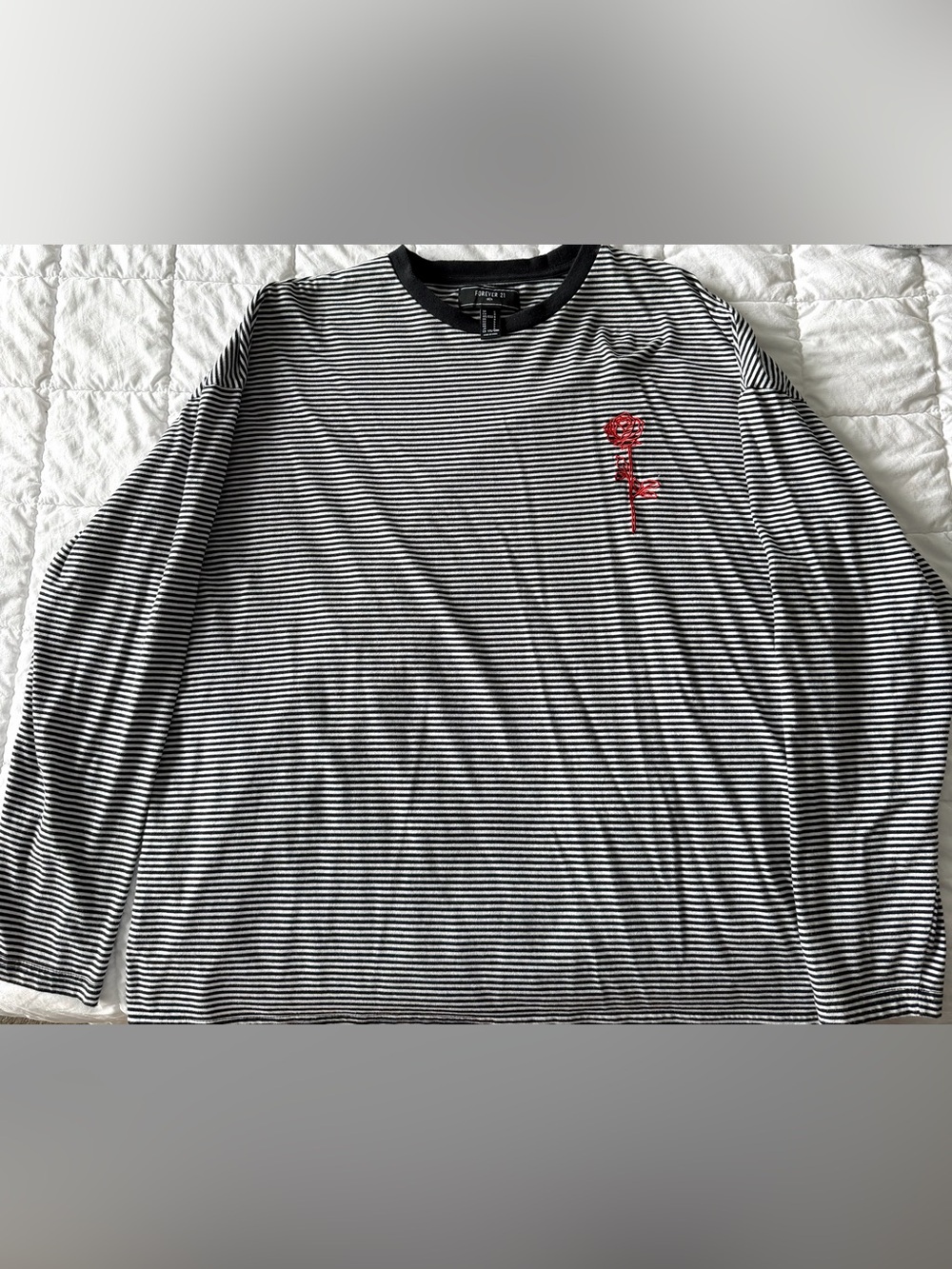 Forever 21 Black & White Striped Long Sleeve Tee with Red Rose Patch